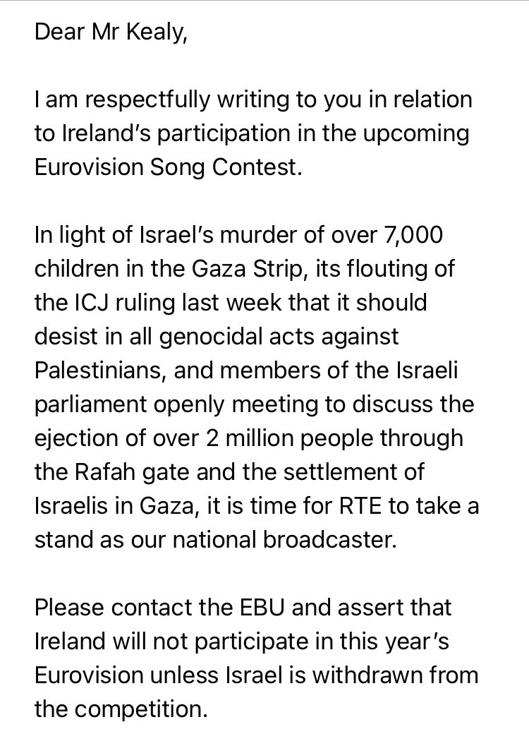 If the EBU found it was inappropriate for Russia to perform in Eurovision 2022, then Ireland should not be sharing a stage with Israel for #Eurovision 2024. Michael Kealy is the man to write to in RTE. I have done so. #BoycottEurovision