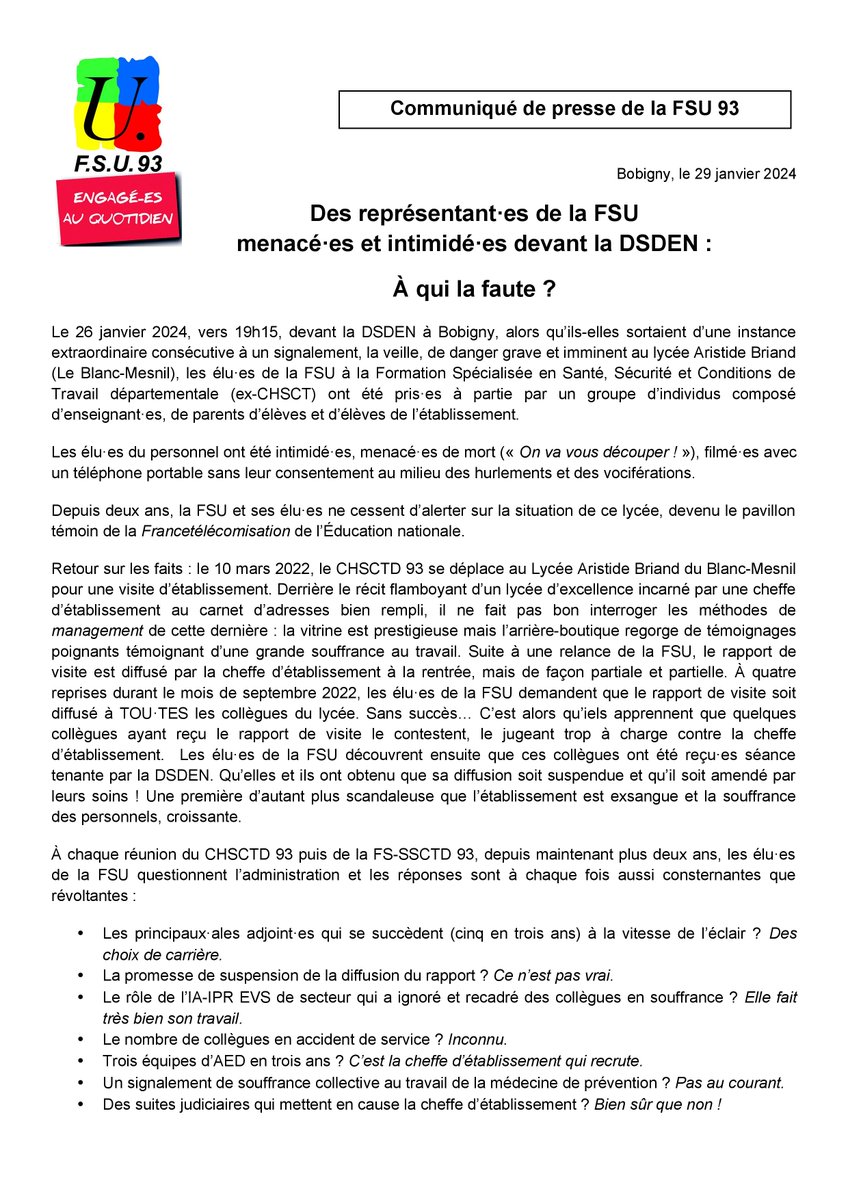 snesfsu93's tweet photo. 🔴 Des représentant·es de la @93Fsu ont été menacé·es et intimidé·es à la sortie d'une instance, devant la DSDEN @AcCreteil @education_gouv.

🗣️📣 La @93Fsu et ses élu·es ne laisseront pas faire et ne céderont à aucune manœuvre d’intimidation. 

@SnesFsuCreteil @ChsctFsu @SNESFSU https://t.co/jFclZfAvKW