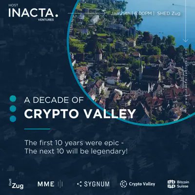 Today we celebrate in the CRYPTO VALLEY, 🇨🇭 Switzerland at the “A Decade of @thecryptovalley ' event in today 6PM in ZUG, by @inacta @sygnumofficial @thecryptovalley @stadtzug 🚀🏔️ The first 10 years were epic, and the next 10 will be legendary! Amazing to be part of this