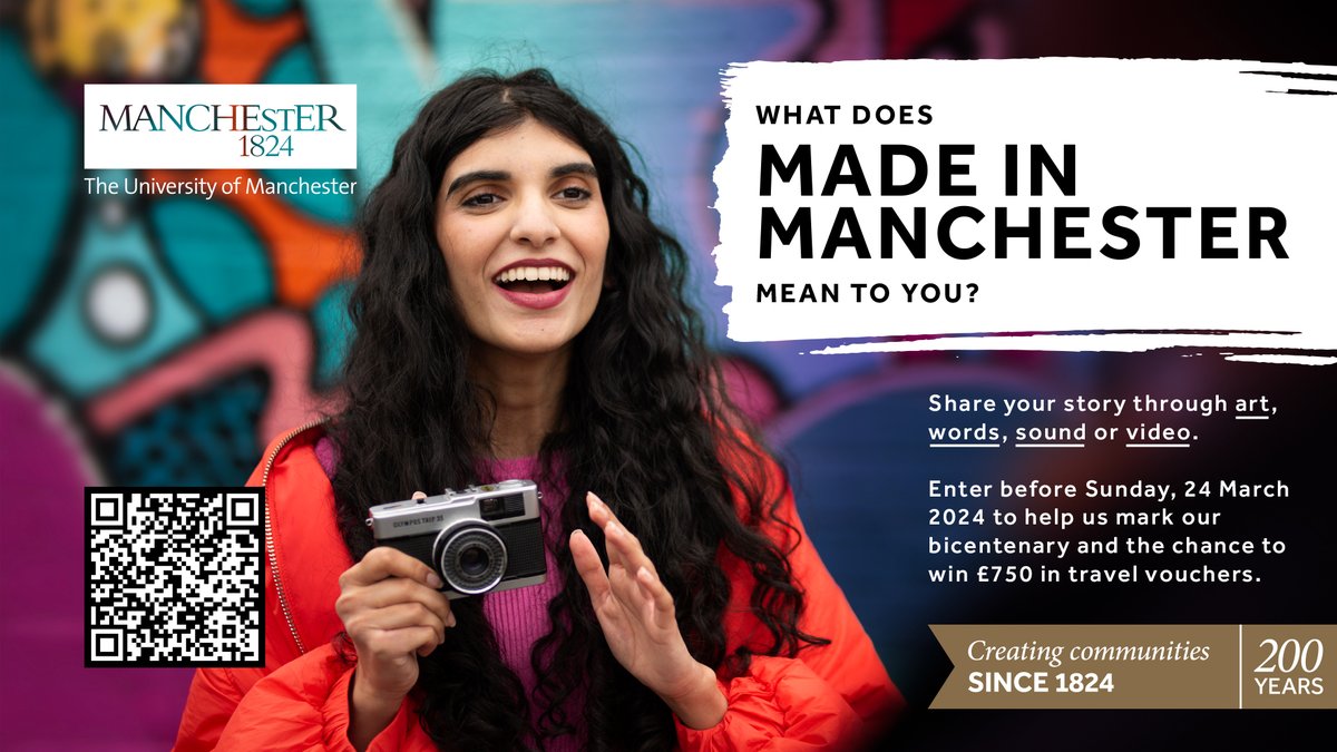 OfficialUoM's tweet photo. Calling all UoM students!

Fancy being in with the chance of winning £750 in travel vouchers?

Enter our bicentenary student competition now!

https://t.co/UJIIFi2dbK

#UoM200 https://t.co/pj4FL7ioFI