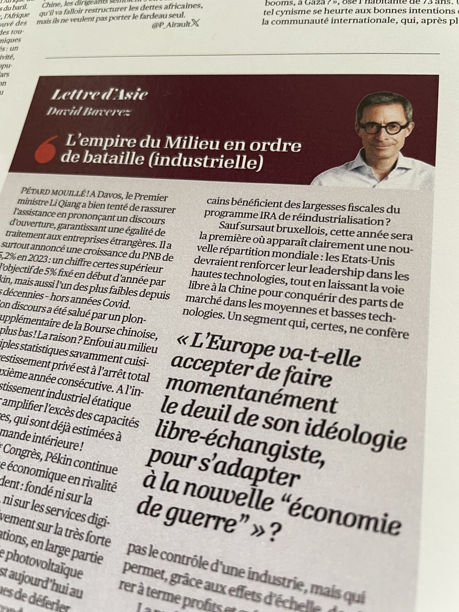L’accélération des investissements industriels en Chine est une nouvelle avancée dans l’économie de guerre. 
2024 sera donc pour l’Europe une année de vérité dans sa relation avec Pékin.

Ma Lettre d'Asie dans <a href="/lopinion_fr/">l'Opinion</a>