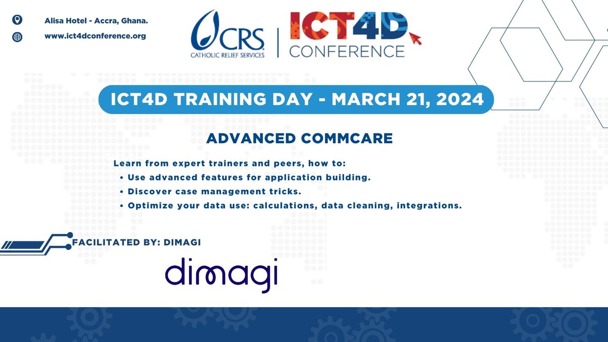 ICT4DConference's tweet photo. The global socially-conscious technology company, @dimagi , will be facilitating a #ICT4D2024 Training Day session on Advanced CommCare! Suitable for experienced CommCare users.

During this session participants will take a deeper look into #applicationbuilding and #datause! https://t.co/qVKS4aqm3L