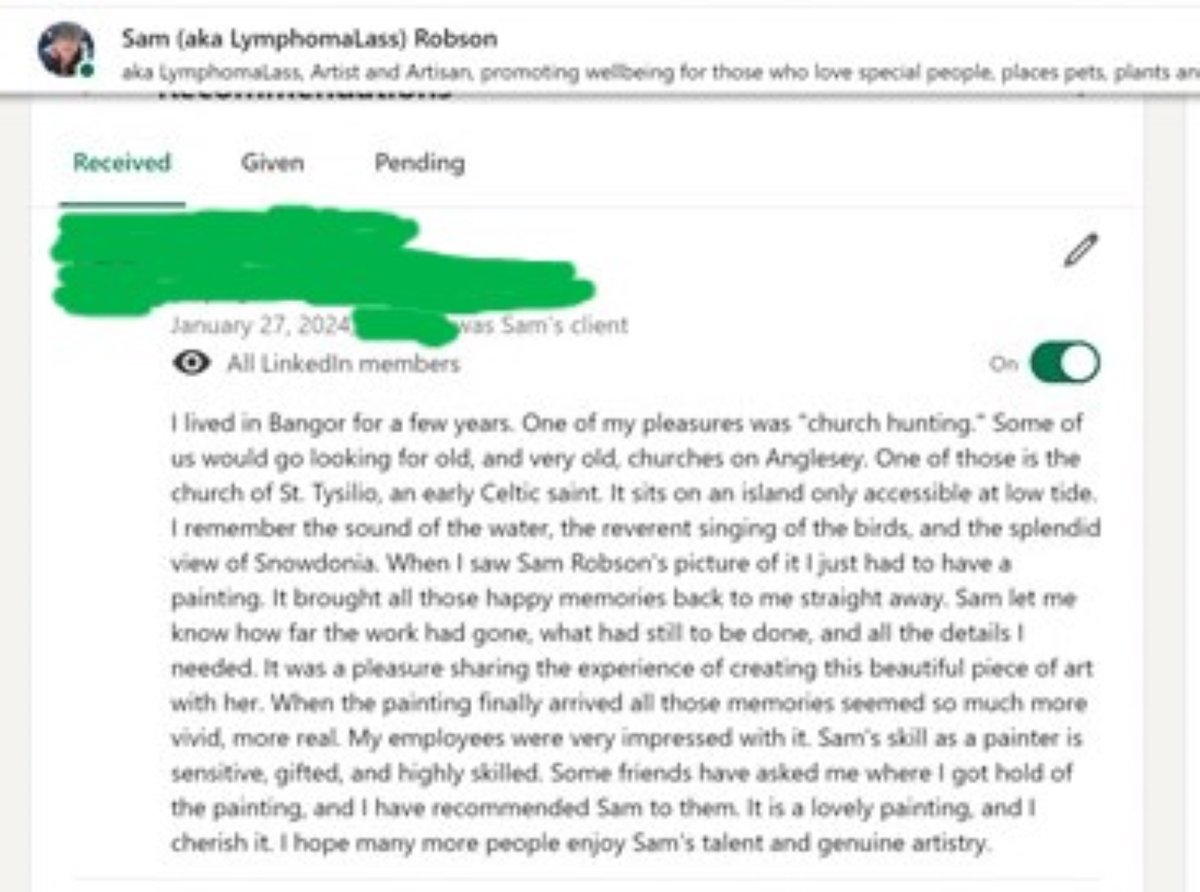 I can’t tell you how helpful and encouraging these kinds of recommendations are for artists such as myself!
Massive thanks again to my customer!
Sam aka LymphomaLass xx
P.S. The art is available on prints etc at: redbubble.com/shop/ap/152540…

#review #art #ynymon #ynysmôn #anglesey