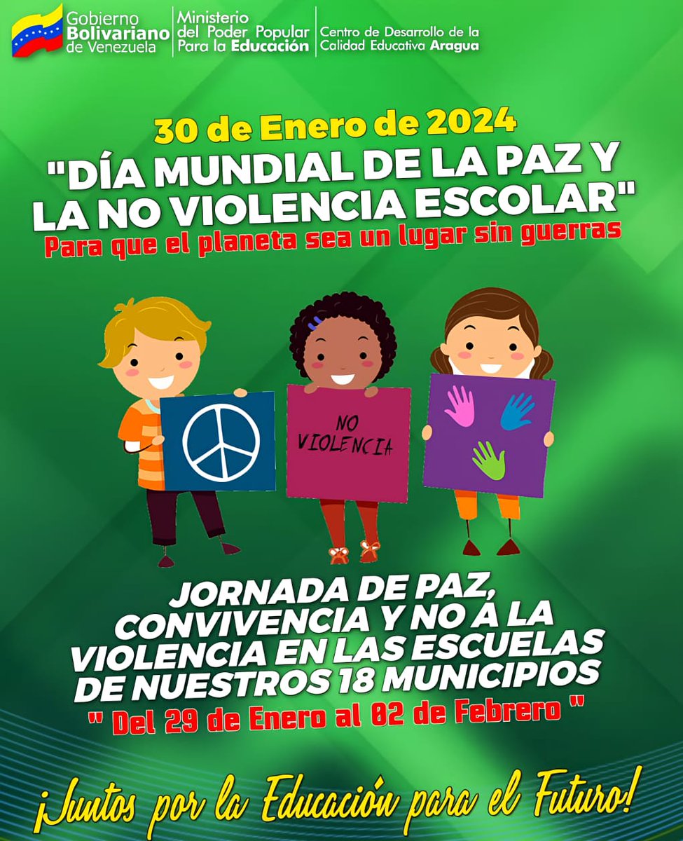 En el marco del Día Mundial de la Paz y La No Violencia Escolar en todas las instituciones educativas habrán Jornadas de Paz y Convivencia y No a la Violencia en las Escuelas. 
#PuebloEstableDePaz
<a href="/NicolasMaduro/">Nicolás Maduro</a> 
<a href="/_LaAvanzadora/">Yelitze Santaella</a> 
@MPPEDUCACION 
@PiedadQuintana1 <a href="/Soykarinacarpio/">Karina Carpio</a>