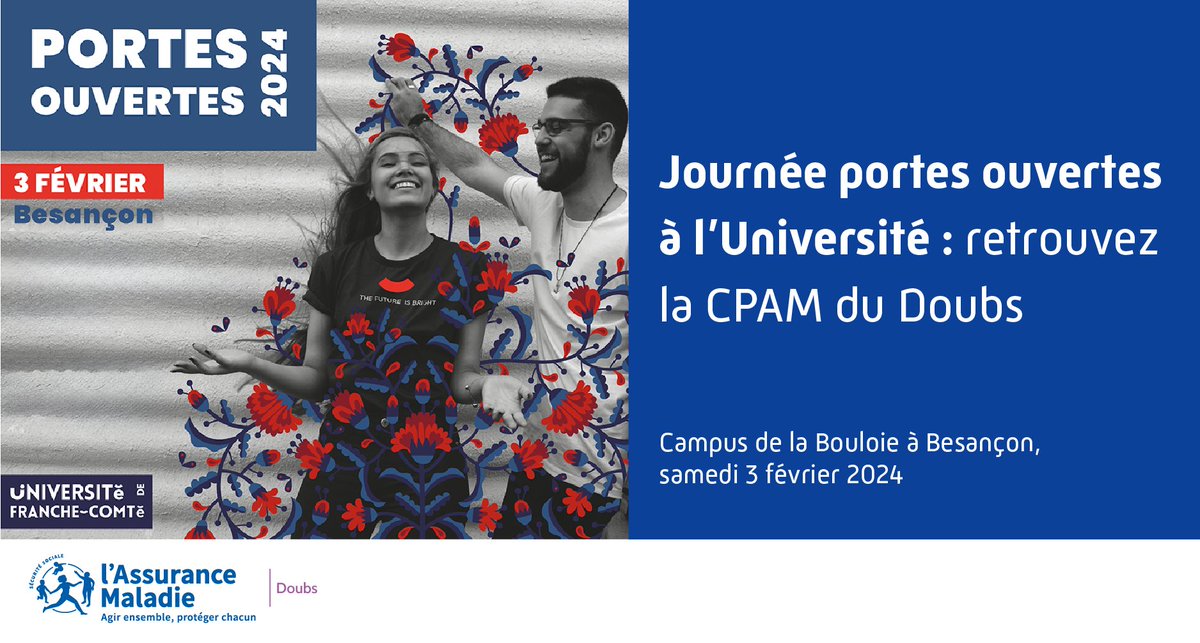 Retrouvez la CPAM du Doubs aux Journées Portes Ouvertes (JPO) à l’Université
📍Campus de la Bouloie à #Besançon
📆Samedi 3 février
🕑 de 9h à 17h
▶ Plus d’infos sur les JPO : ose.univ-fcomte.fr