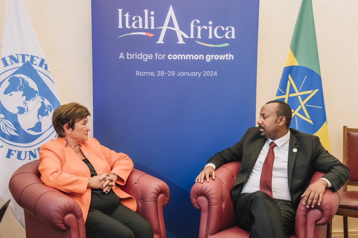 PMEthiopia's tweet photo. On the sidelines of the Italy-Africa Summit, Prime Minister @AbiyAhmedAli held a discussion with IMF Director, Kristalina Georgieva.

#PMOEthiopia https://t.co/m61sCkgRrY