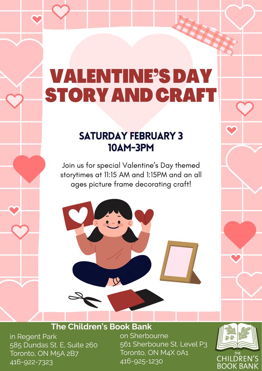 Saturday Feb 3, join us for Valentine’s Day stories and crafting! All ages picture frame decorating craft happening all day and Valentine’s Day storytimes at 11:15AM and 1:15PM!
#TorontoCommunity #TorontoKids #KidsTO #kidsactivitiesintoronto #torontokidsevents #TorontoPrograms