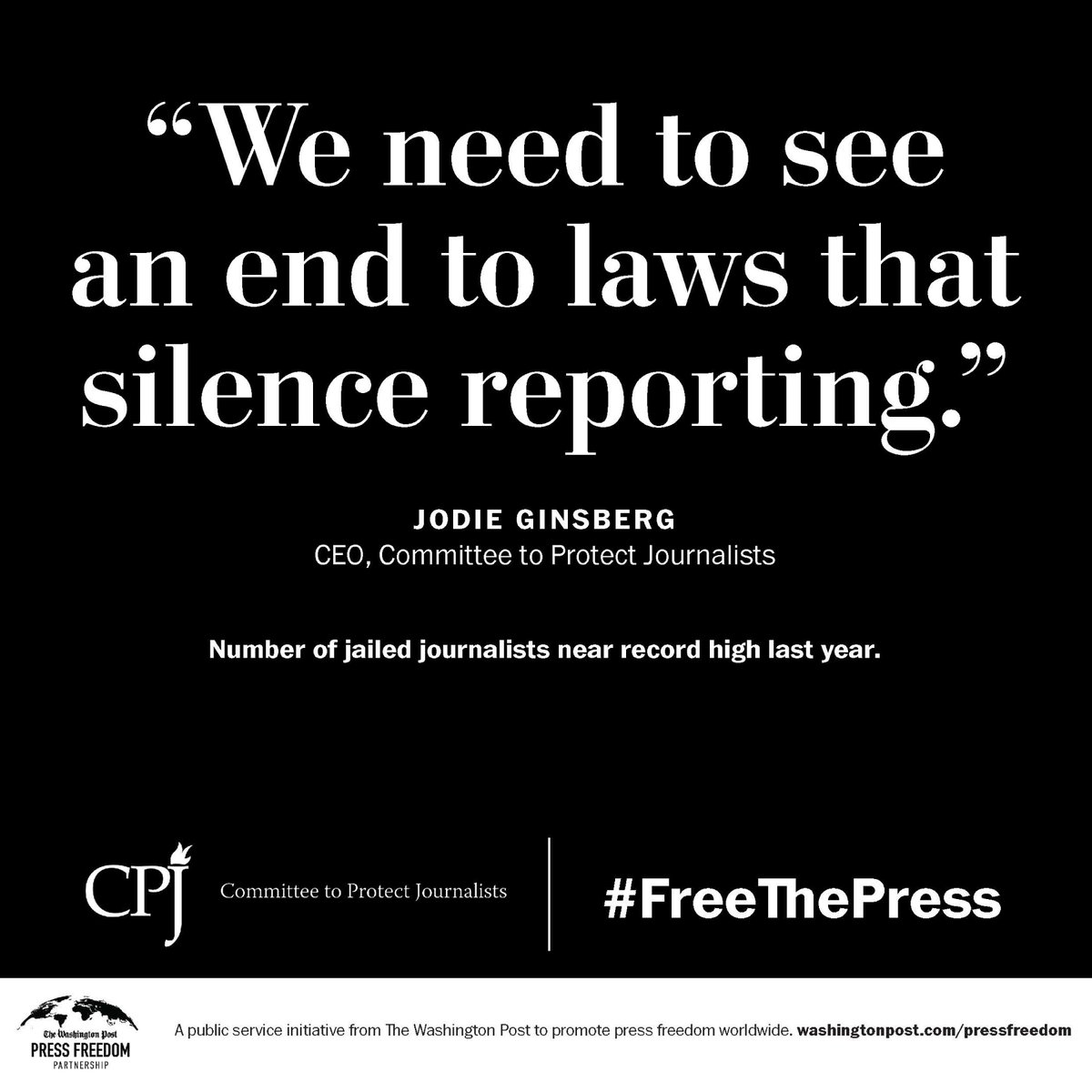 We need to see an end to laws that silence reporting.

CPJ ran this ad in the <a href="/washingtonpost/">The Washington Post</a> to call for journalists imprisoned around the world for their journalism to be released.

#PressFreedom #FreeThePress #JournalismIsNotACrime