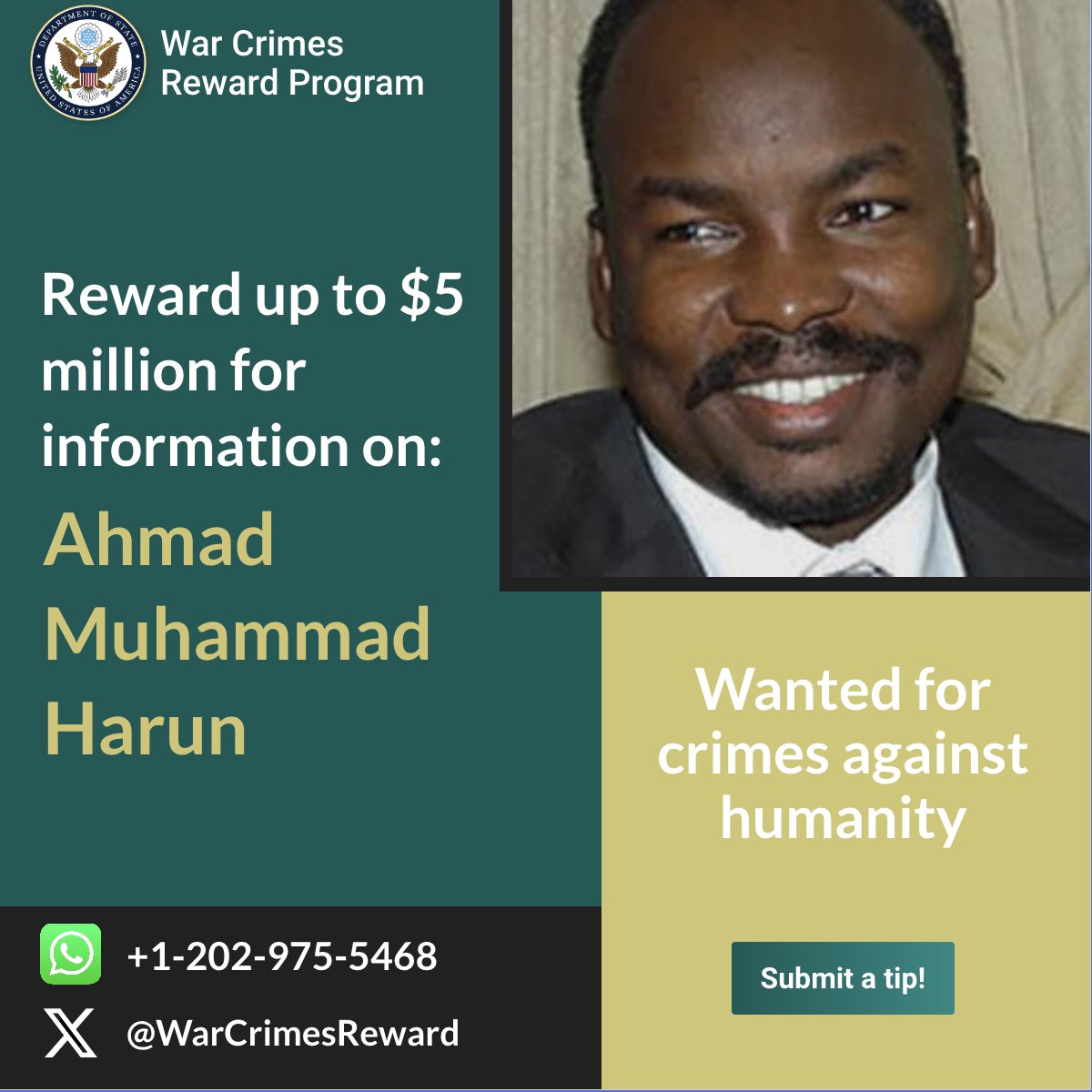 📢💰 A reward of up to $5 million is on the table for credible information leading to Ahmad Muhammad Harun’s arrest. Let's work together to bring justice. #Justice #WarCrimesAwareness