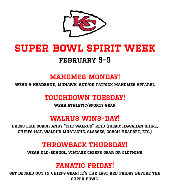 Next week is Super Bowl Spirit Week at <a href="/WilsonsCreekInt/">Wilson's Creek</a>! How 'bout those Chiefs!

<a href="/officialSPS/">Springfield Public Schools</a> #ChiefsKingdom