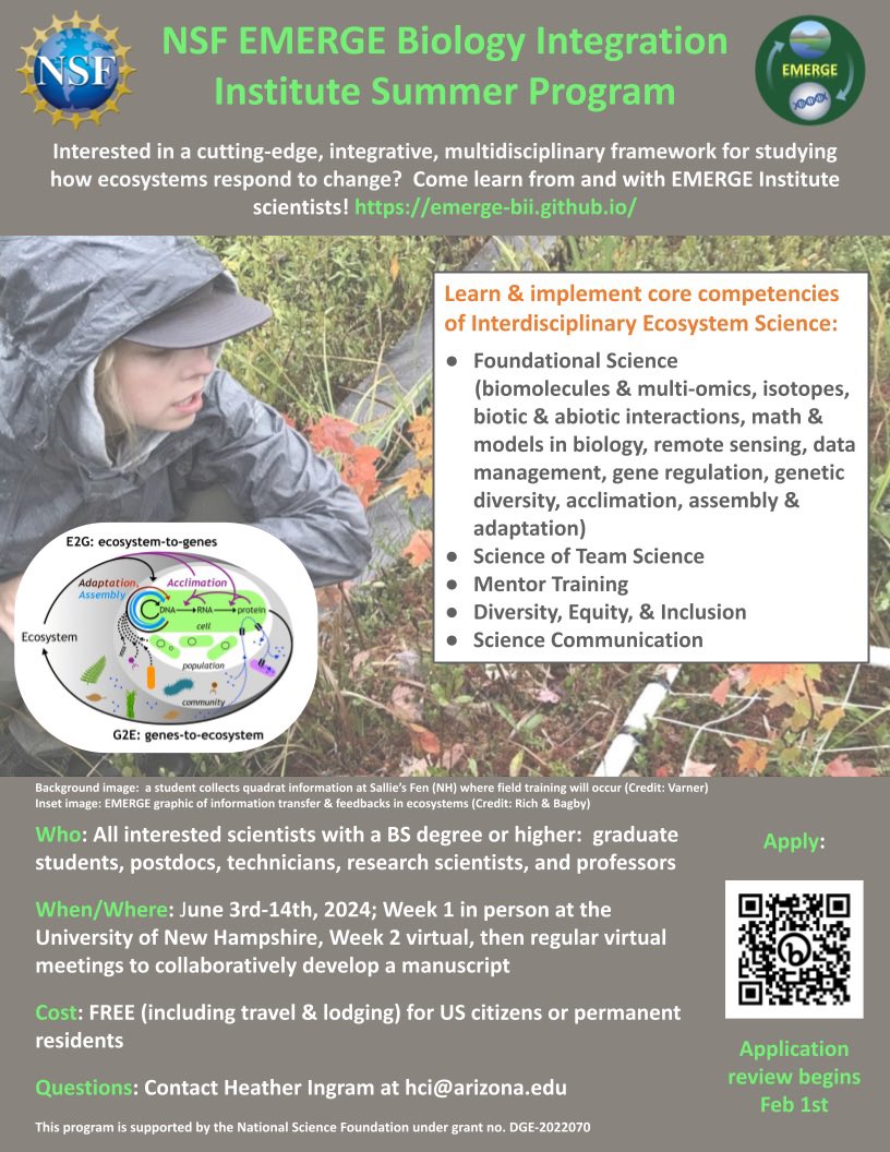 Are you a scientist interested in training and engaging in the multidisciplinary science of how #ecosystems are responding to climate change? There’s still time to apply for our 2024 <a href="/EMERGE_BII/">EMERGE</a> Summer Program in June! Apply here emerge-bii.github.io/summerprogram/ #NSFfunded #TeamScience