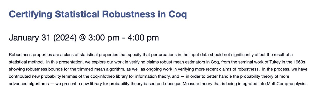 fmsec_network's tweet photo. We are back with our Formal Methods for Security seminars. This Wednesday, on the 31st of January, at 3pm UK time, we will host Alessandro Bruni with his talk on Certifying Statistical Robustness in Coq. @hoheinzollern @ITUkbh_IT https://t.co/vs5aRPdiCM