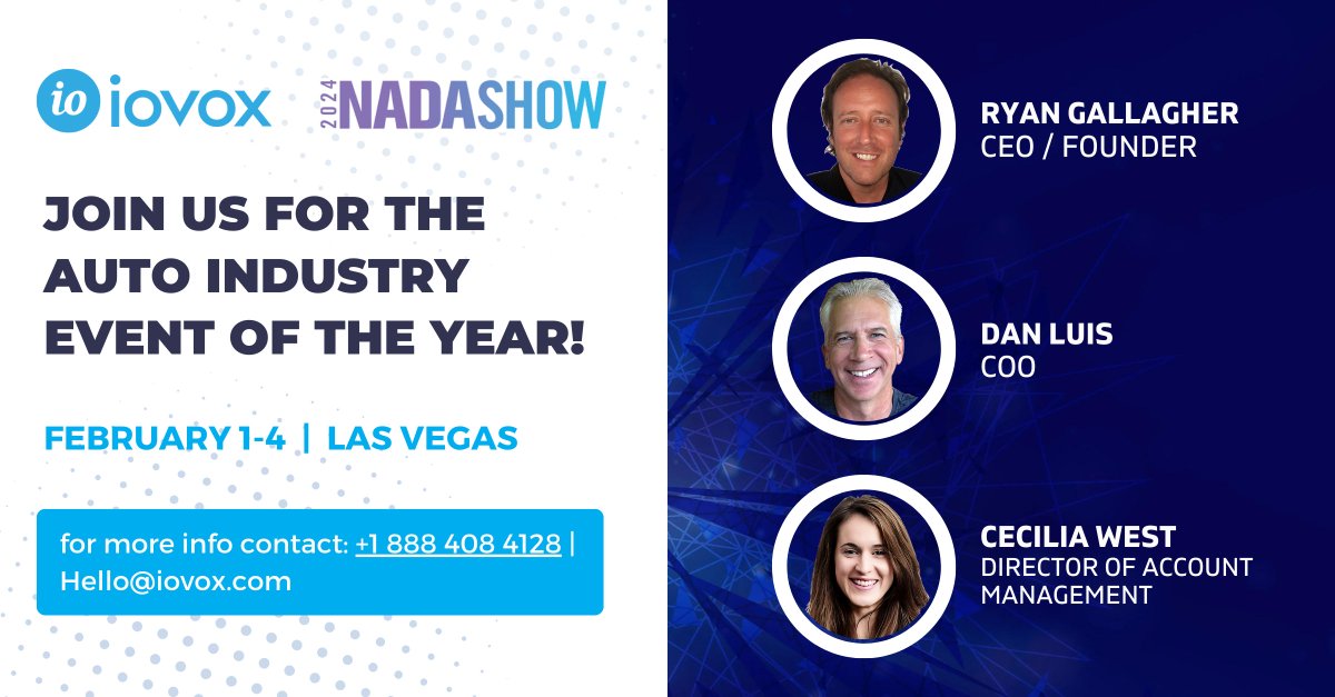 iovox's tweet image. Every year the @NADAUpdate is a great opportunity for @iovox to meet with current and future customers. This year, we’re excited that our CEO @ryangllghr is attending joined by COO @DanielRLuis and Director of Account Management, @CeciliajWest. See you there!
#NADAShow #CallData