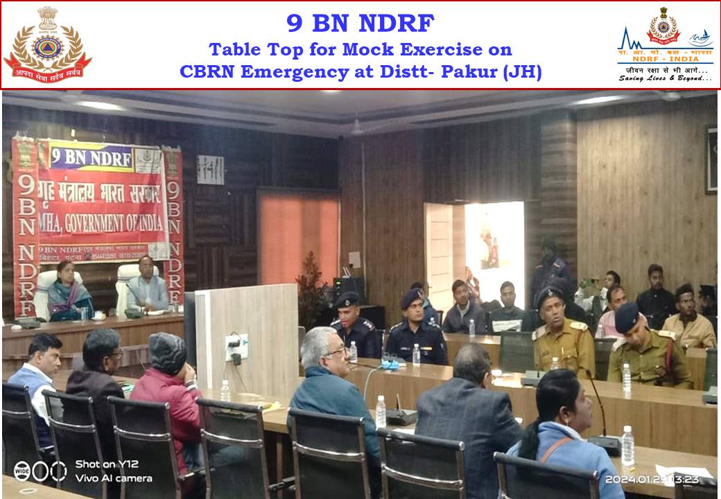 09NDRF's tweet photo. Table Top for District level #Mock_Exercise on CBRN Emergency was conducted with Distt Administration's and other stake holders at D.C Office,Pakur,Distt- Pakur(JH) aimed to assess the readiness and effectiveness of the dist disaster mgt plan in the event of #CBRN_Emergency https://t.co/tMBteN9CzM