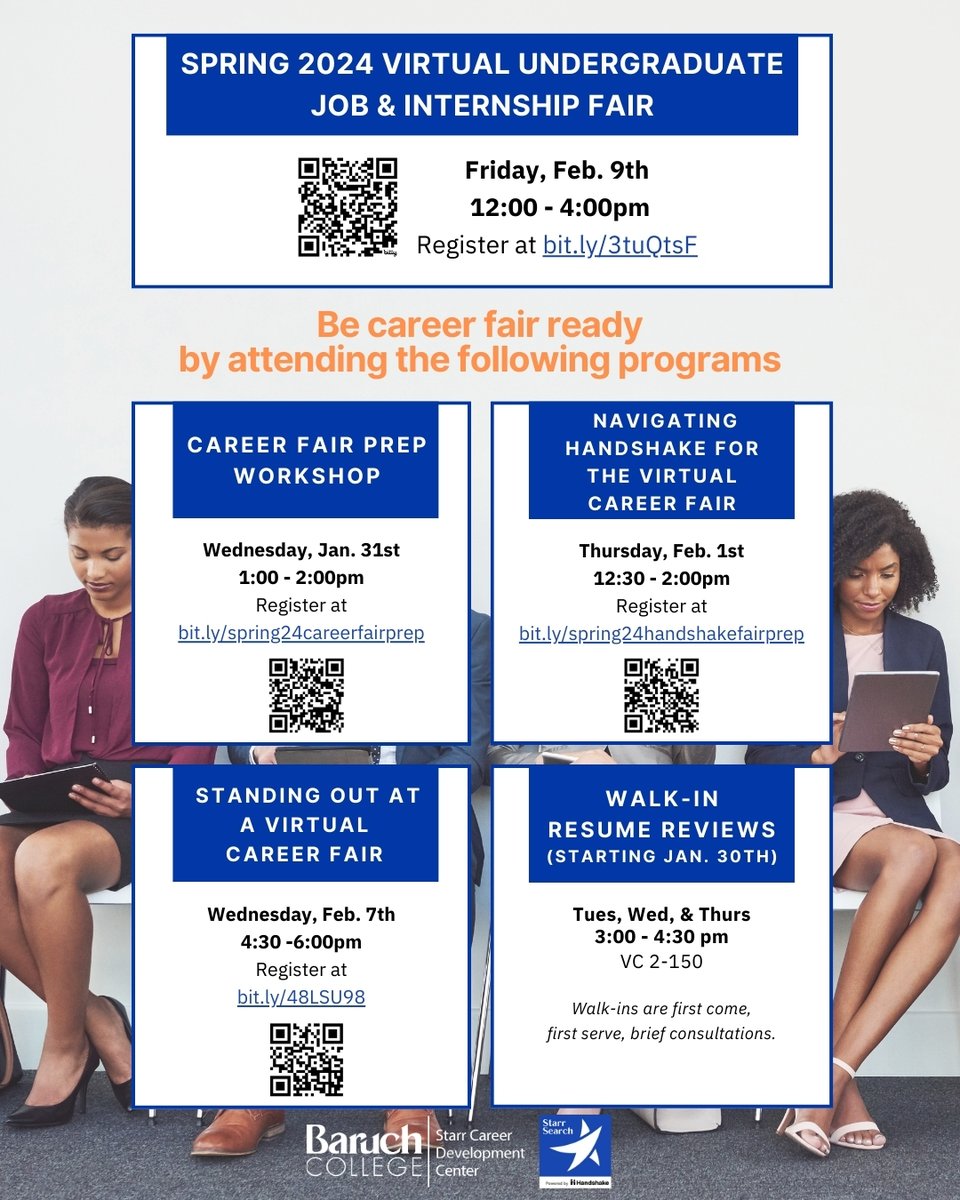 Get ready for our upcoming Spring 2023 Virtual Undergraduate Job & Internship Fair by attending the first in our #CareerFairPrep workshop series starting this Wednesday at 1:00PM! Register for this workshop and more on #handshake. #baruchstarr #baruchworks #jobfair