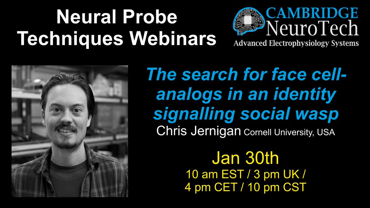Join us TOMORROW for what promises to be an excellent talk on the electrophysiology of face-cell analogs in wasps, with the talented <a href="/PlasticPercep/">Chris Jernigan</a> (Chris Jernigan) from Mike Sheehan's <a href="/IDsignals/">Michael Sheehan</a> lab at Cornell. Grab your spot here: eu1.hubs.ly/H07ds9T0