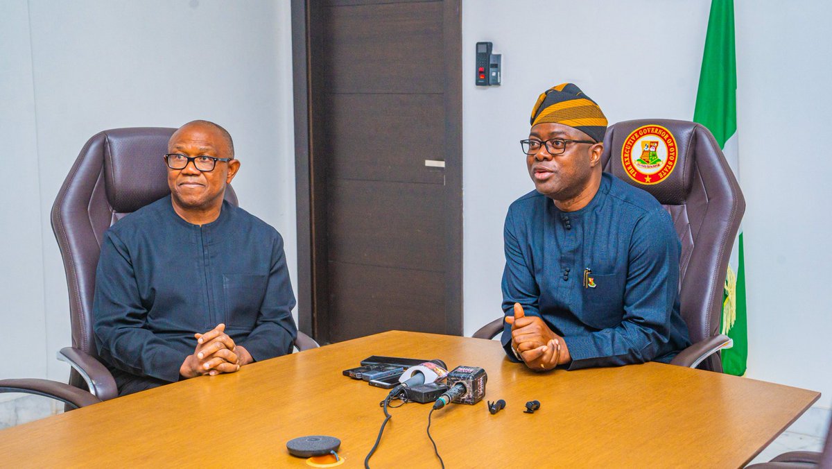 PeterObi's tweet photo. Today, in the company of some comrades that included Aisha Yesufu, Dele Farotimi, and Dr. Moses Paul, I paid a solidarity visit to my dear friend and brother, the Governor of Oyo State, Seyi Makinde @seyimakinde, at Ibadan, Oyo State, to commiserate with him and https://t.co/TR0h8u866s