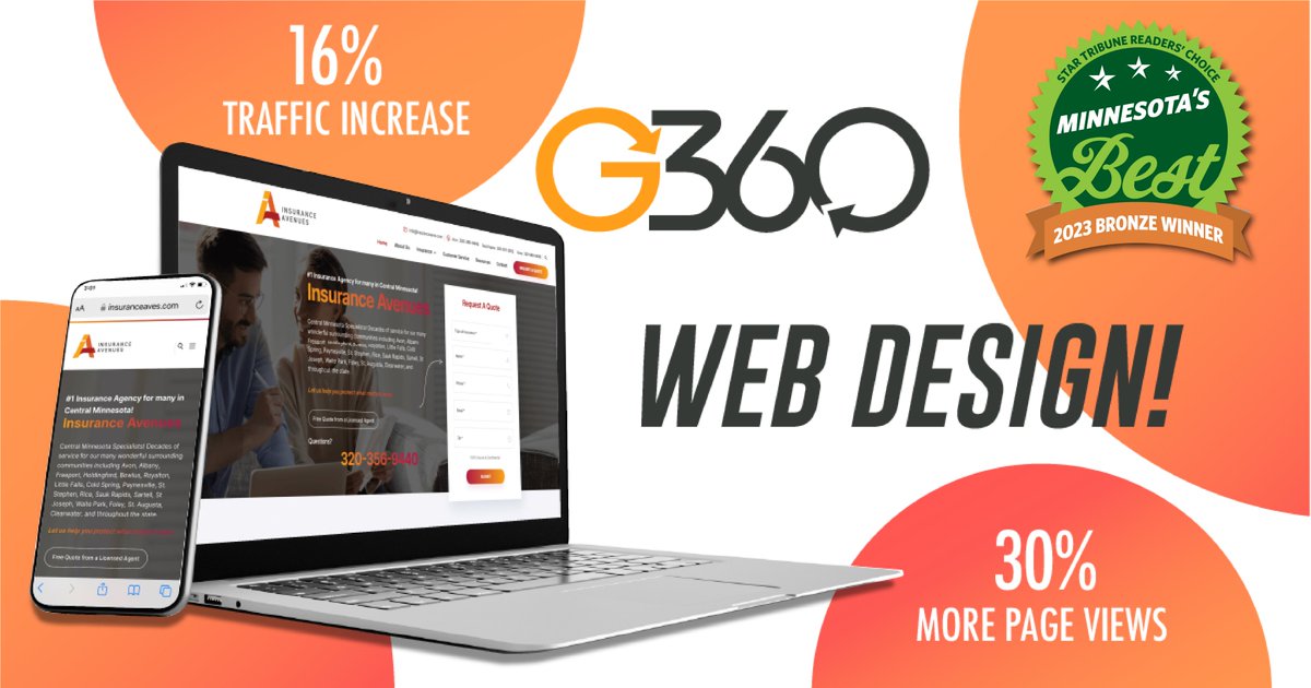 Generate_360's tweet photo. Today we CELEBRATE web design, rebranding, and all the things that make our marketing minds tick! We've done a big redesign for Insurance Avenues website and marketing, and are loving the results! Bring your brand to life with the "Best MN Web Design”! #websitedesign #mnbest https://t.co/DJTjhPo5Yc