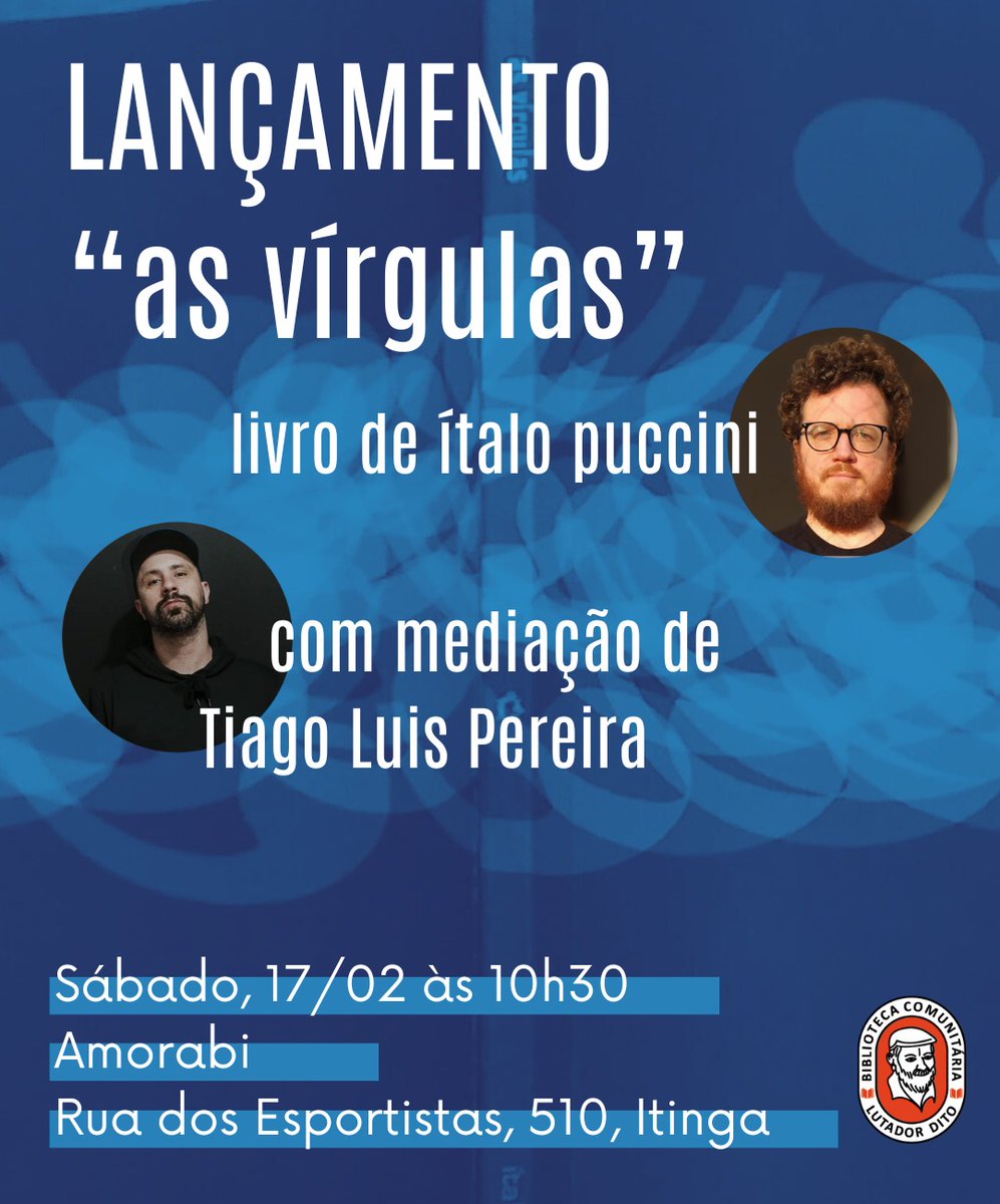 bibliotecadito's tweet image. A primeira roda de conversa de 2024 na Biblioteca Comunitária Lutador Dito já está marcada.
No sábado, 17/02, às 10:30, vai rolar um bate-papo sobre literatura e música durante o lançamento do livro "as vírgulas", do autor joinvilense ítalo puccini. A mediação desta conversa.