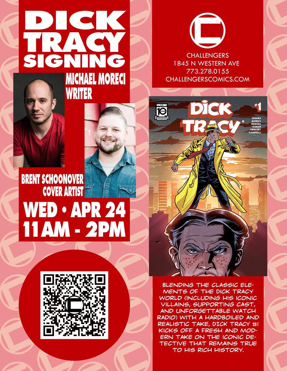 brentschoonover's tweet photo. Chicago. I'm coming your way this April for the release of Dick Tracy #1 at @Challengers . Wednesday 24th, from 11-2pm I'll be signing copies of my first connecting cover along with series co-writer, @MichaelMoreci . I'll also be doing some sketches. Hope to see you there! https://t.co/y7qXqiqcEY
