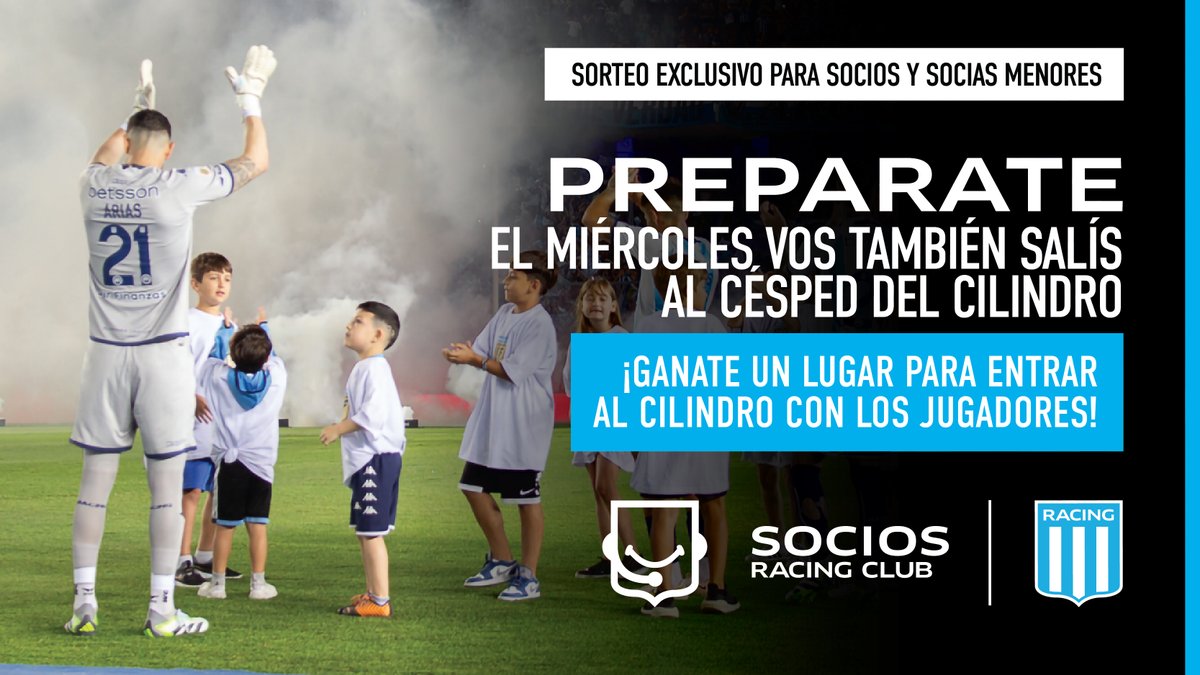Sorteo exclusivo para socios y socias menores 👧👦

El miércoles, los socios y socias de entre 6 y 11 años de edad pueden participar para salir al césped del Cilindro con los jugadores 🏟️

¿Cuales son los requisitos para participar? 👇

✅ Comentá su nombre y sus últimos 3