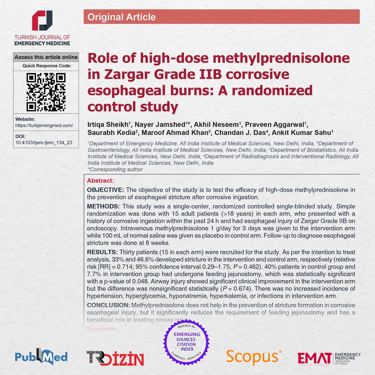 Article from 2024/1: Sheikh et al. Role of high‑dose methylprednisolone in Zargar Grade IIB corrosive esophageal burns: A randomized control study #TurkJEmergMed #FOAMed #MedEd #EmergencyMedicine #EvidenceBasedMedicine #OriginalArticle Full text: buff.ly/49b7Nlt