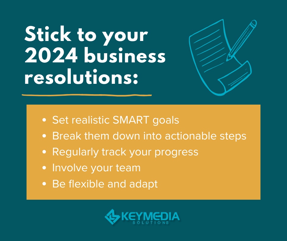 Ready to stick to your business resolutions this year? 🎯Create actionable goals with the support of your team, track progress, and seek feedback for a stellar 2024. #NewYearNewStrategies #MarketingGoals #keymediasolutions
