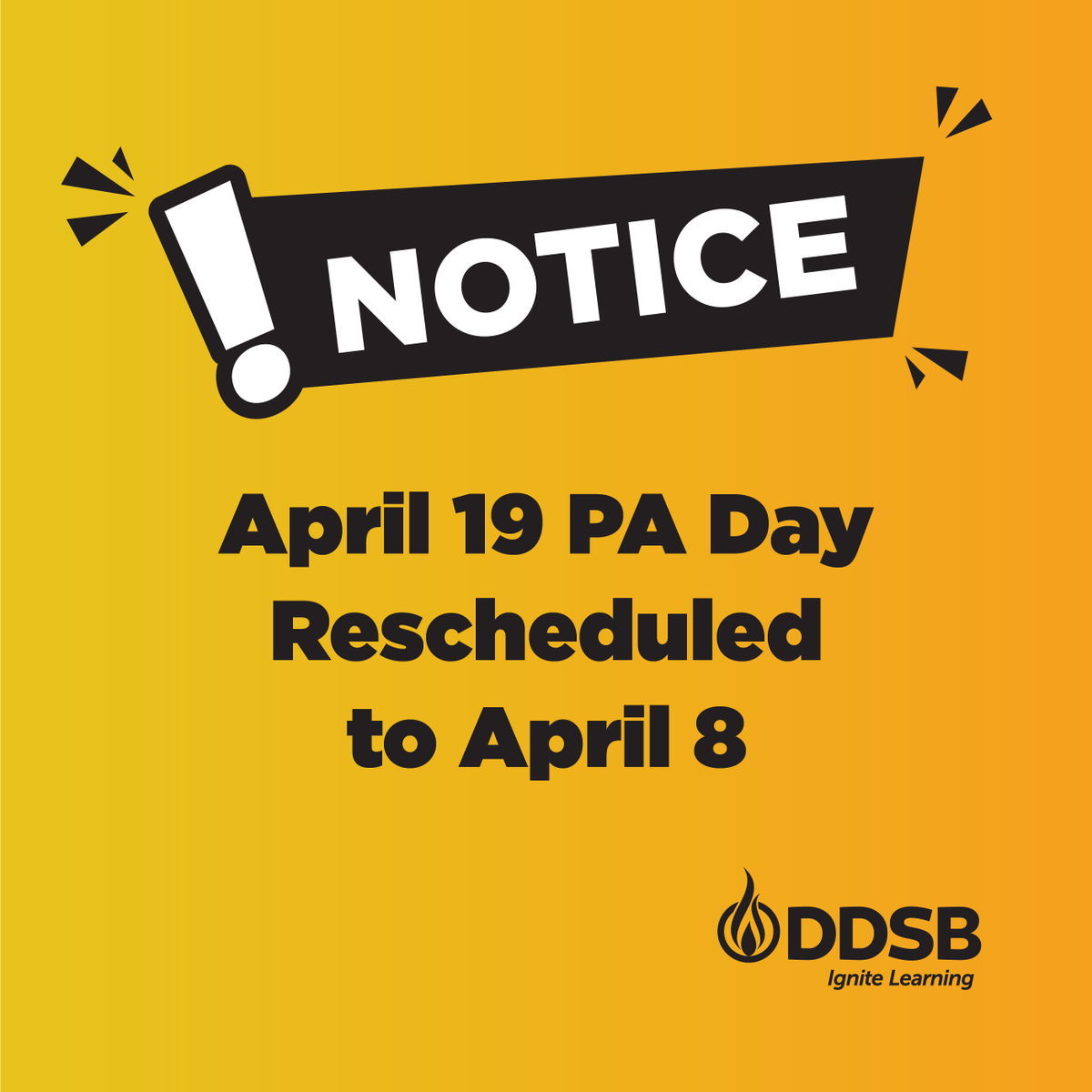 Reminder to our school community 👋

The PA Day originally scheduled for Friday, April 19 has been rescheduled to be on Monday, April 8.

For a full list of holidays and PA Days please visit: bit.ly/3vLt9Yl