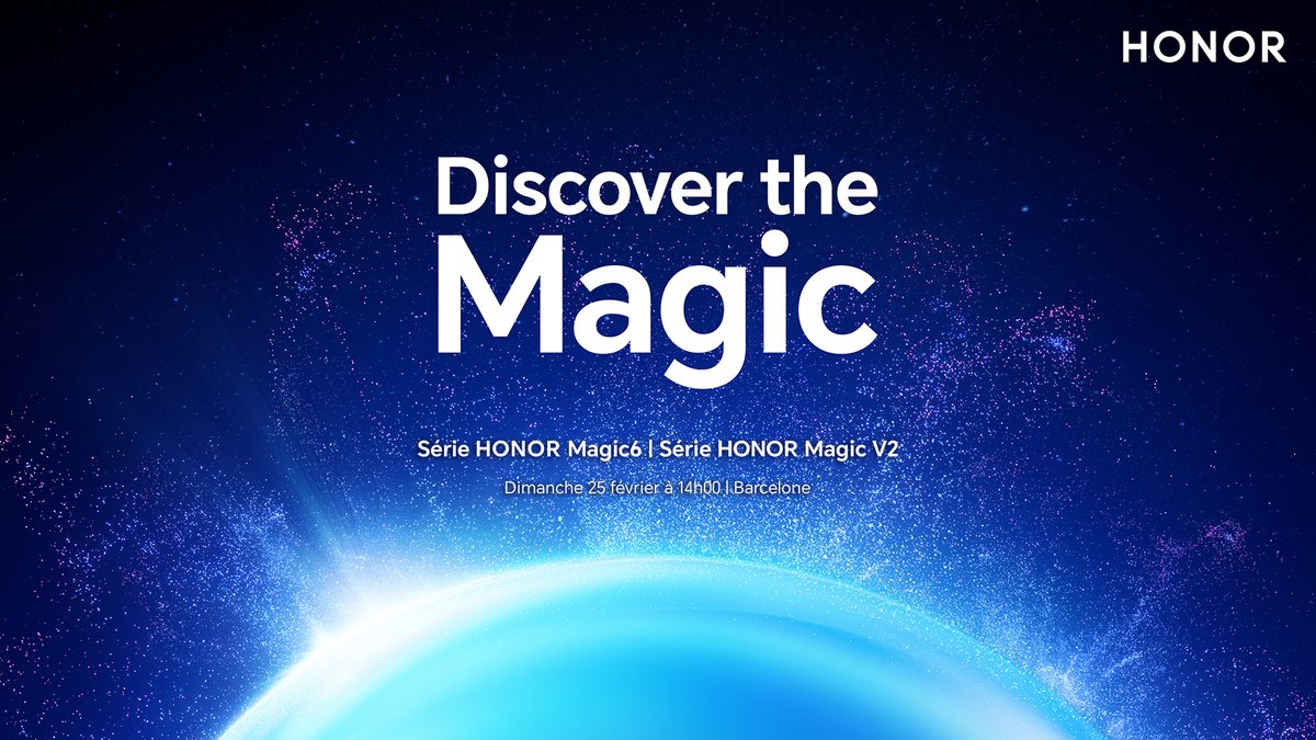Honor_FR's tweet photo. Que nous réserve l'avenir ? HONOR présentera les séries #HONORMagic6 et #HONORMagicV2 le 25 février à 14h (CET). Let's #DiscoverMagic. Rendez-vous à Barcelone ! #MWC24. Découvrez le Save The Date ici : https://t.co/8ySOIlP7lI https://t.co/CAMkJ1vqWL