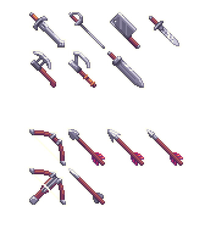sevarihk's tweet photo. My icon sheet  was in dire need of more weapon variety, so I started to wdd some. I  will continue adding more till I run out of ideas. And of course all of them come with colour variants for different metals.

#pixelart #gameart #rpgmaker https://t.co/aIEyiqZtyo
