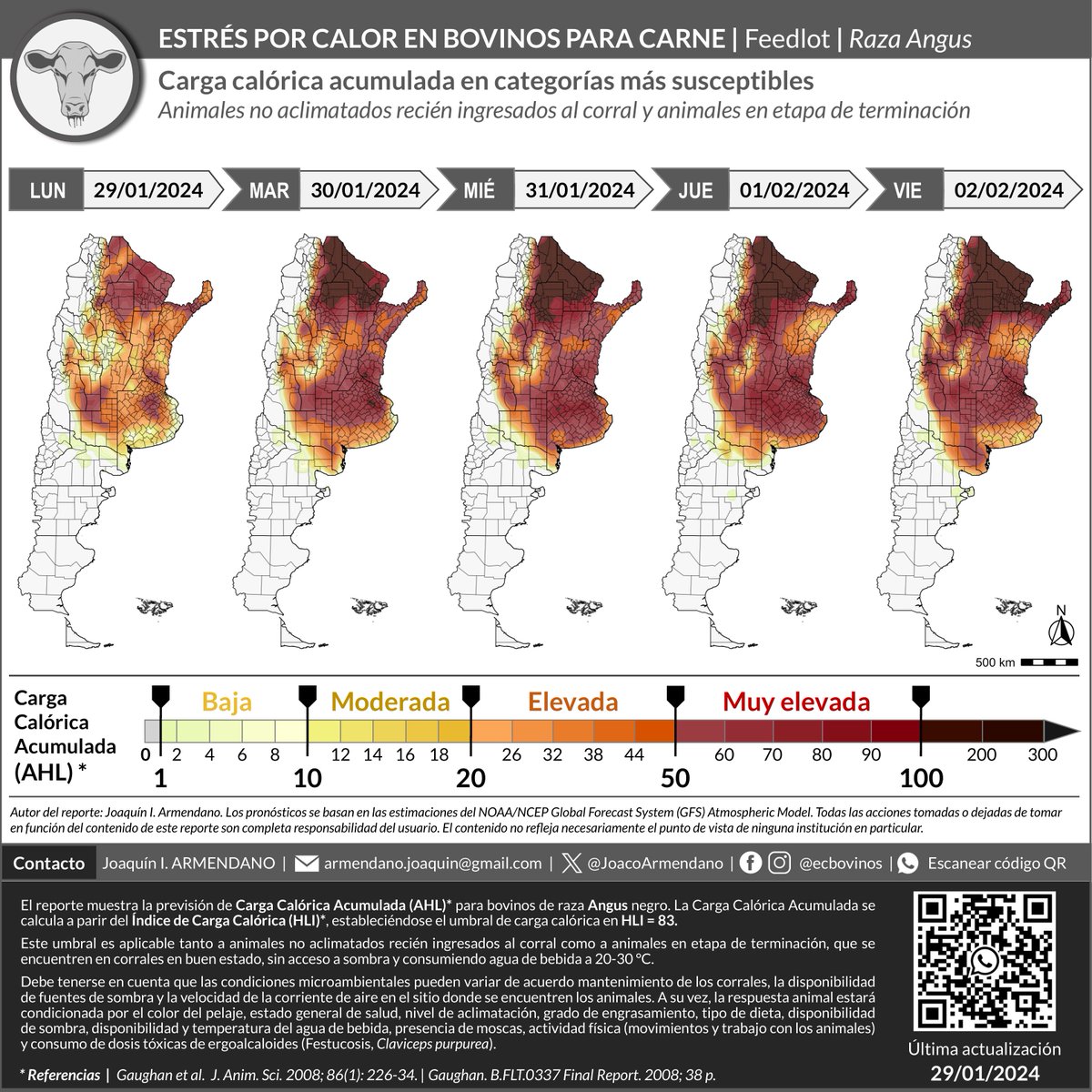 JoacoArmendano's tweet photo. Estrés por calor en bovinos 🌡️🇦🇷
🗓️ Lun. 29/01/24 al Vie. 02/02/24

⚠️🚨 ALERTA POR OLA DE CALOR GENERALIZADA
Se esperan cargas calóricas muy elevadas durante toda la semana.
Se recomienda extremar los cuidados. https://t.co/jlmx1AS4mS