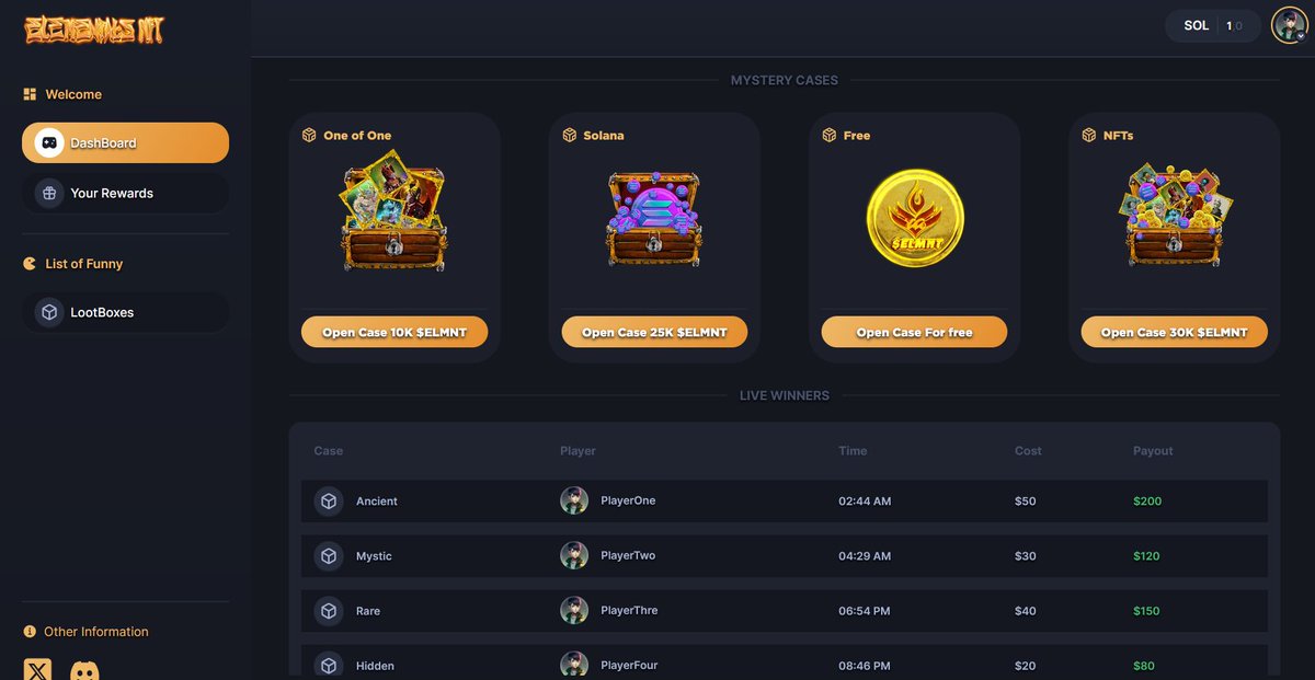 Work is progress... It's the beginning🔥

We will be adding more fun games and access to play with different tokens such as $ELMNT, $WEN probably $JUP too!

We're open to collaborate with other established meme coins and tokens!🫡

Some $ELMNT to those who interact.