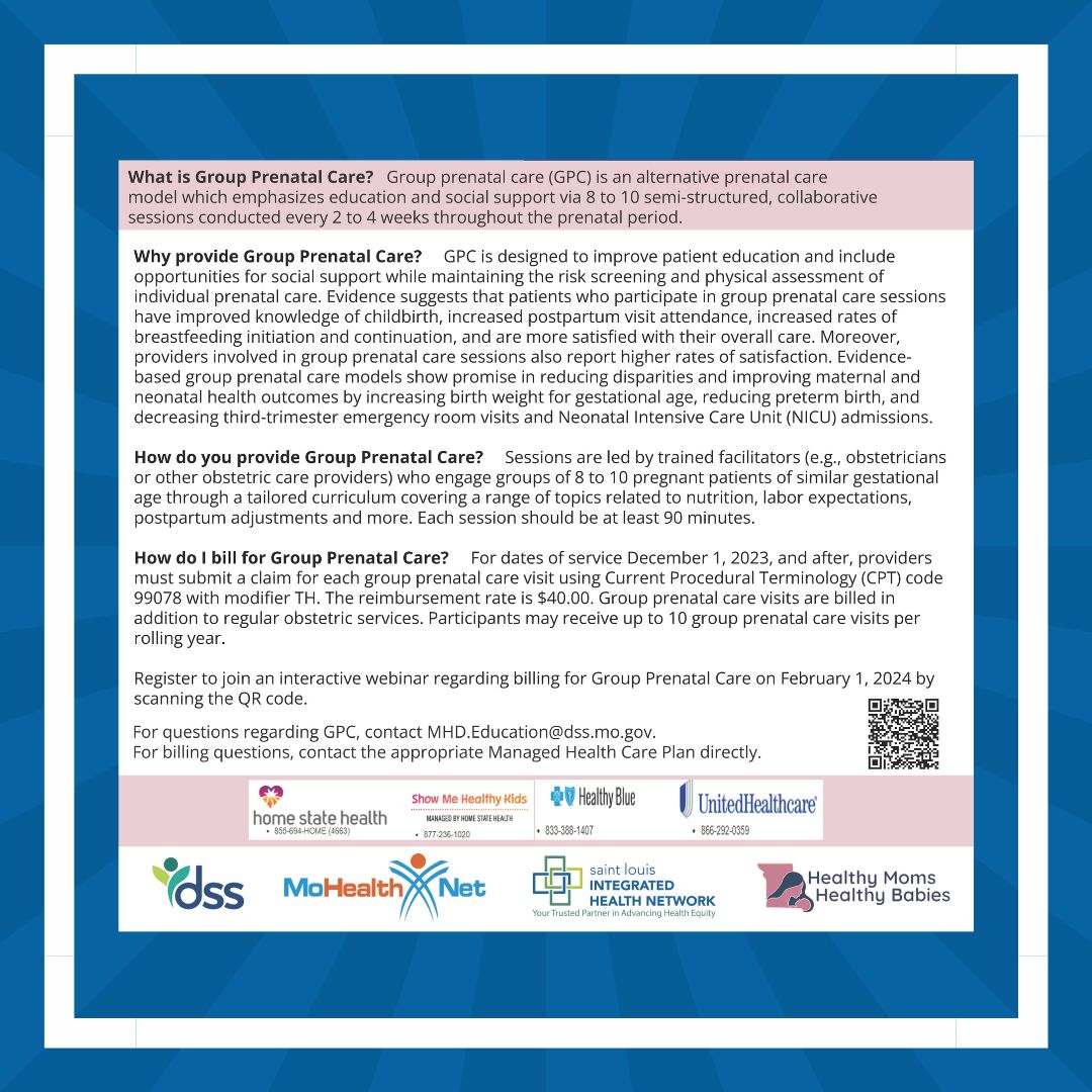 Attention MO Healthnet Providers: Join us on THU, 2/1 at 9AM for the Group Prenatal Care Billing Webinar!

🌟Register here: buff.ly/4265xtC
🌟For more info: buff.ly/3Sg7grU

See you there!

#PerinatalEquity #GroupPrenatalCare #HealthEquityChampion #HealthEquitySTL