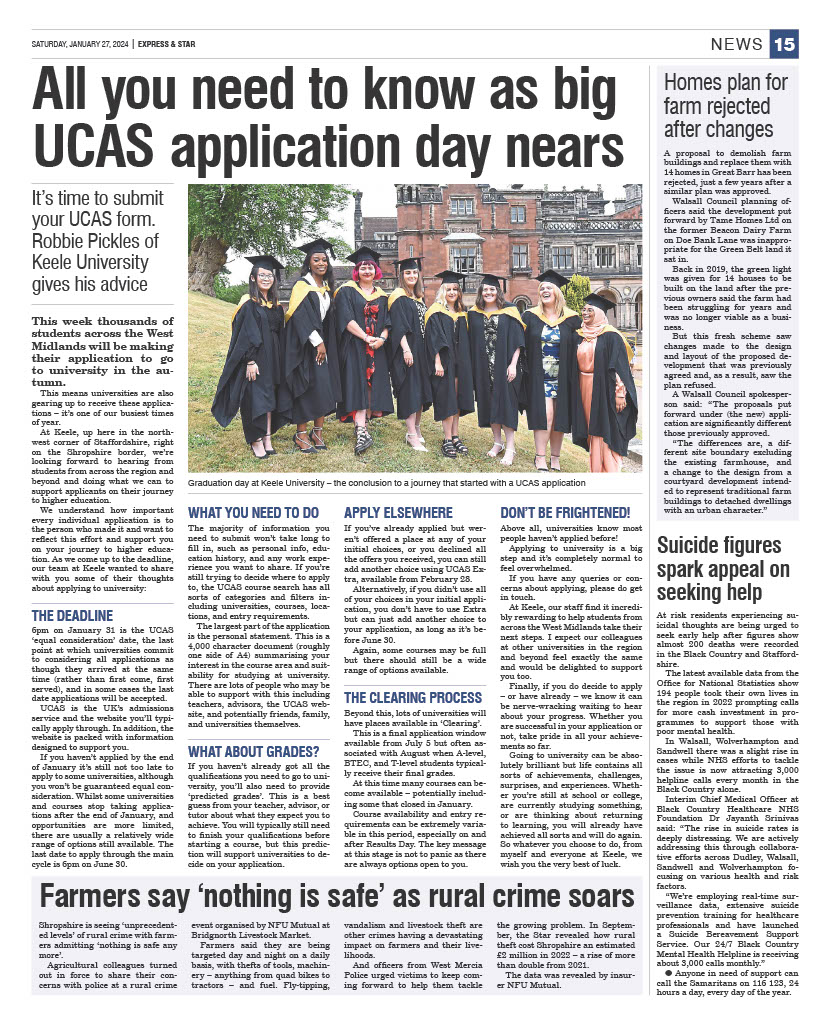 Keele Comms & Brand (@keelecommsbrand) on Twitter photo Delighted to secure this column in the weekend's <a href="/ExpressandStar/">Express & Star</a> and <a href="/ShropshireStar/">Shropshire Star</a> for our Director of Student Recruitment, <a href="/RobbiePGPickles/">Robbie Pickles</a>, with his advice and encouragement for applicants ahead of the <a href="/ucas_online/">UCAS</a> equal consideration deadline this week✍️📰 Delighted to secure this column in the weekend's <a href="/ExpressandStar/">Express & Star</a> and <a href="/ShropshireStar/">Shropshire Star</a> for our Director of Student Recruitment, <a href="/RobbiePGPickles/">Robbie Pickles</a>, with his advice and encouragement for applicants ahead of the <a href="/ucas_online/">UCAS</a> equal consideration deadline this week✍️📰