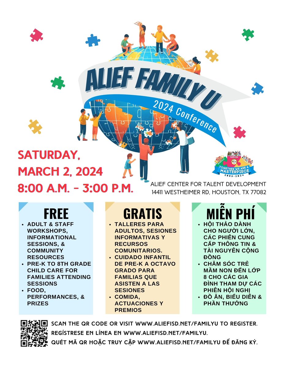 Engage in a day of FREE adult workshops, PRIZES, resources, performances and childcare for attendees! Register at aliefisd.net/FamilyU
