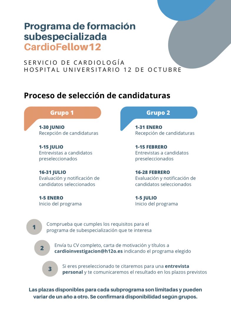 Cardio_H12O's tweet photo. ¿Quieres formar parte de nuestro programa “CardioFellow 12”?
Te ofrecemos la posibilidad de desarrollar tu subespecialidad en alguna de las áreas de Cardiología durante 1 o 2 años 🫀
Ya está abierto el período de recepción de candidaturas.
¡Infórmate! ℹ️⬇️ https://t.co/FqsAOoGT9P