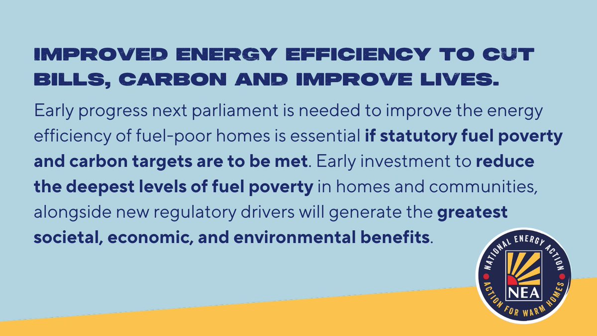 NEA_UKCharity's tweet photo. It's #EnergyEfficiencyWeek this week. Ahead of a general election later this year, we're calling on the next government to prioritise #EnergyEfficiency to ensure societal, economic, and environmental benefits for fuel poor households. https://t.co/9fTVDZ9AVP