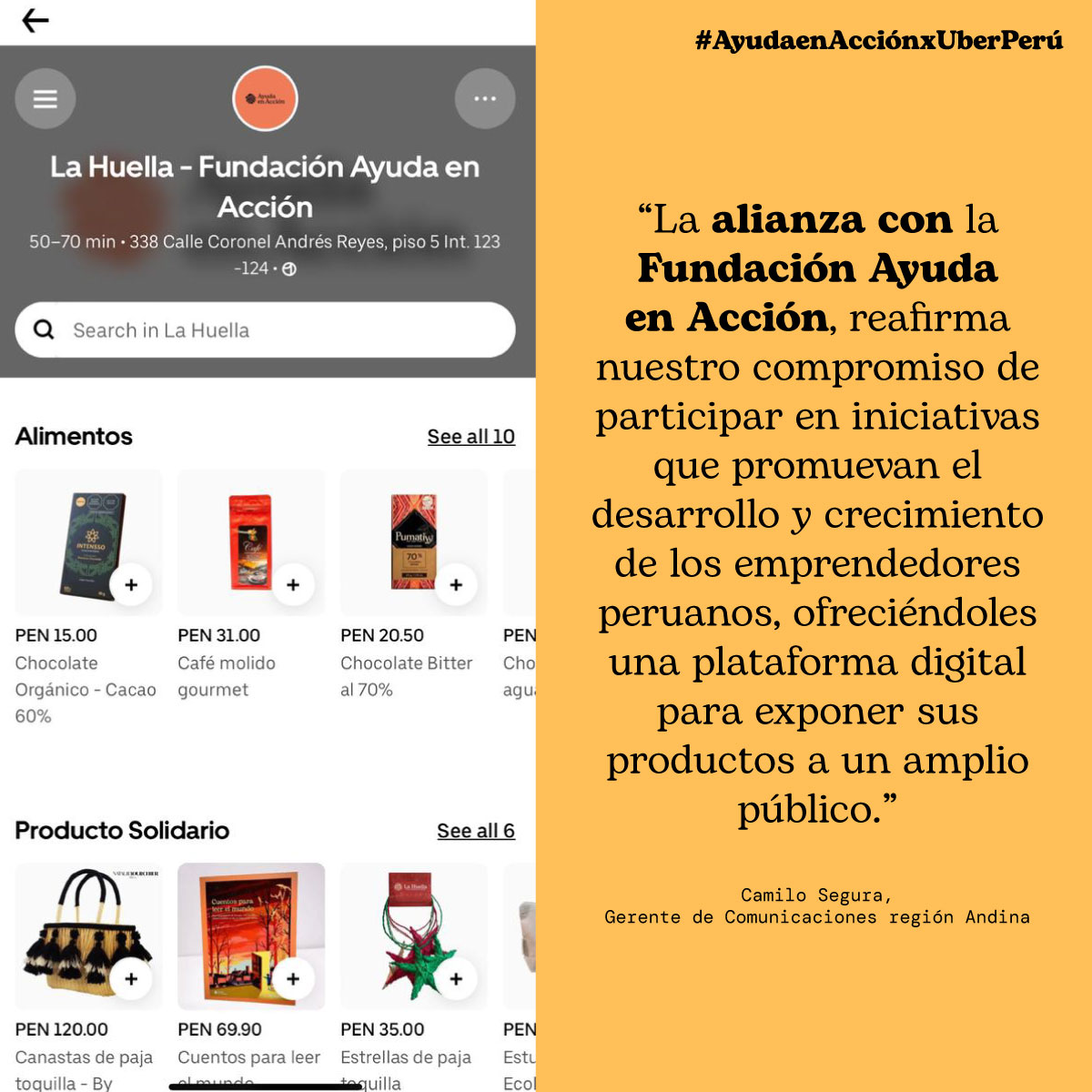 #AyudaenAcciónxUberPerú 🧡🚙

¡Encuentra los productos de nuestra tienda virtual, La Huella, en la app de Uber Perú! 🥳

🔸Te invitamos a dar oportunidades de crecimiento a pequeños y micro productores.
#AyudaenAcción #UberPerú #ProductoPeruano #Emprendimiento #TrabajoConjunto
