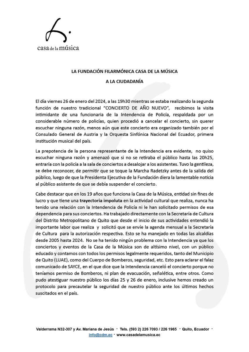 casadelamusicaq's tweet photo. ⚠️COMUNICADO IMPORTANTE
La Casa de la Música a la ciudadanía ante los hechos suscitados el día viernes 26 de enero del 2024, a las 19h30 mientras se realizaba la segunda función de nuestro tradicional “CONCIERTO DE AÑO NUEVO”. 

Lee el comunicado completo👉🏼https://t.co/Geo13L91Wc https://t.co/hoC2CAGxH6
