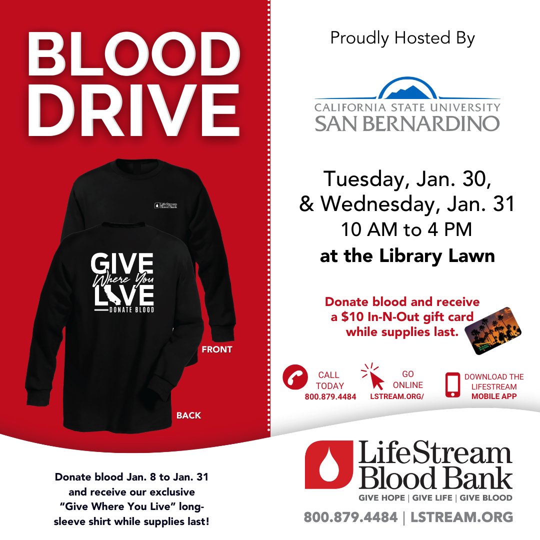 CSUSB_EM's tweet photo. Hey Yotes! You’ve got it, the community needs it! The need is urgent as blood donations are at a 20-year low, so call or go online to secure your spot, roll up your sleeves, and help those in need of life saving blood!
#DonateBlood #EveryDropHelps #CSUSBCares #CSUSBGives https://t.co/2MPpYTY1cD