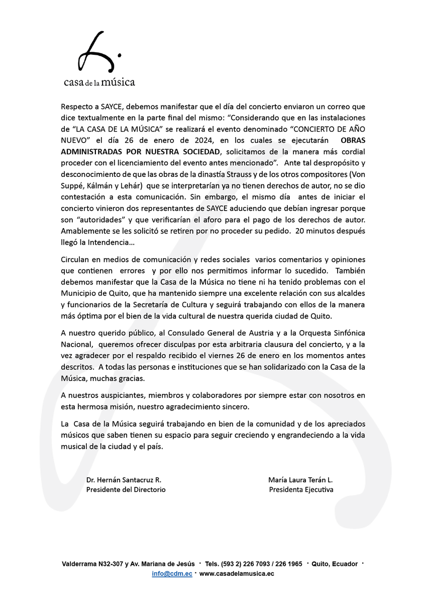 casadelamusicaq's tweet photo. ⚠️COMUNICADO IMPORTANTE
La Casa de la Música a la ciudadanía ante los hechos suscitados el día viernes 26 de enero del 2024, a las 19h30 mientras se realizaba la segunda función de nuestro tradicional “CONCIERTO DE AÑO NUEVO”. 

Lee el comunicado completo👉🏼https://t.co/Geo13L91Wc https://t.co/hoC2CAGxH6