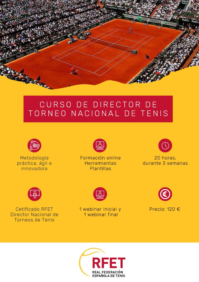 RFETenis's tweet photo. Nueva oportunidad para aprender📚

Disponibles las últimas plazas para el 𝟮º 𝗖𝘂𝗿𝘀𝗼 𝗱𝗲 𝗗𝗶𝗿𝗲𝗰𝘁𝗼𝗿 𝗱𝗲 𝗧𝗼𝗿𝗻𝗲𝗼 𝗡𝗮𝗰𝗶𝗼𝗻𝗮𝗹 𝗱𝗲 𝗧𝗲𝗻𝗶𝘀. ¡El plazo se cierra este jueves! 

📲 https://t.co/NLIttMwDVT https://t.co/dimigACN0W