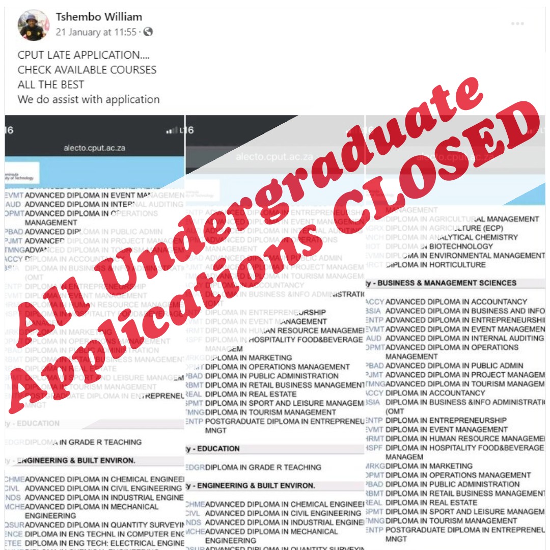 PLEASE NOTE: Attached is a post currently circulating on social media. This is misleading to applicants as all Undergraduate applications have closed, more information can be found here cput.ac.za/study/late-app…
