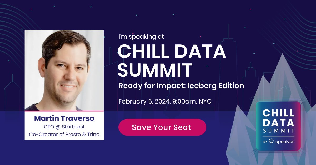 starburstdata's tweet image. Starburst is going to be at Chill Data Summit on Feb 6!

Martin Traverso, CTO and co-creator of @trinodb, and Emma Lullo, Sr. Product Marketing Manager, will be leading, &quot;Fireside chat: Building with Trino and Iceberg&quot;. Register: okt.to/nEz9kA
#trinodb #ApacheIceberg