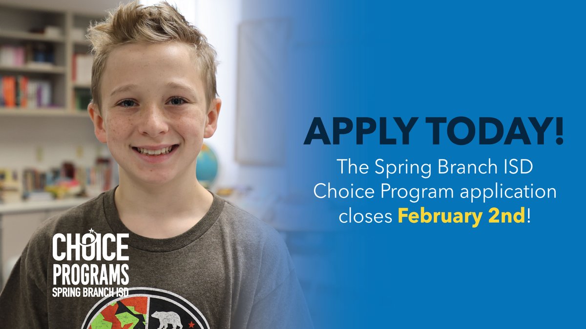 There’s still time! The SBISD School Choice Programs application is open until midnight this Friday, Feb. 2. Apply today. 📲 springbranchisd.com/choice