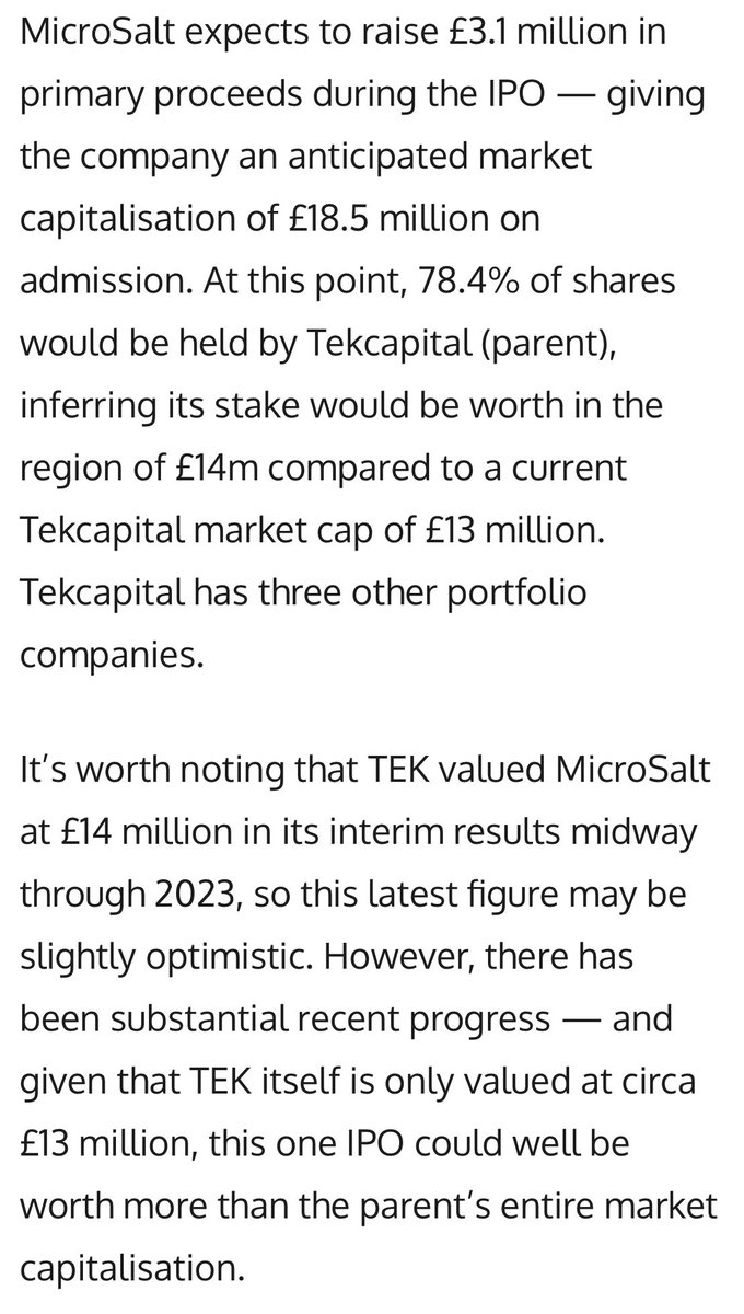 OilinvestorAl's tweet photo. #MicroSalt IPO is in a couple of days. If they can get the valuation touted below, #TEK’s stake in MicroSalt is worth more than the entire market cap of #TekCapital. That would mean stakes in #BELL, #Guident , $LUCY + any residual cash are thrown in for free! https://t.co/lFfc0zKjLu