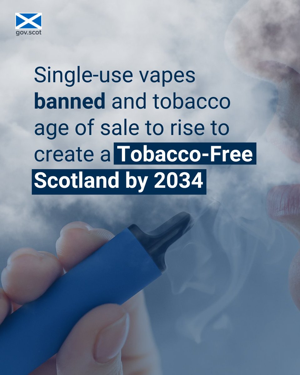 We've announced plans to ban single-use vapes and raise the age of sale for tobacco to:

🔵protect children, public health and the environment
🔵help create a generation free from addiction of tobacco
🔵take us closer to a Tobacco-Free Scotland by 2034

ℹ️ gov.scot/news/tobacco-a…