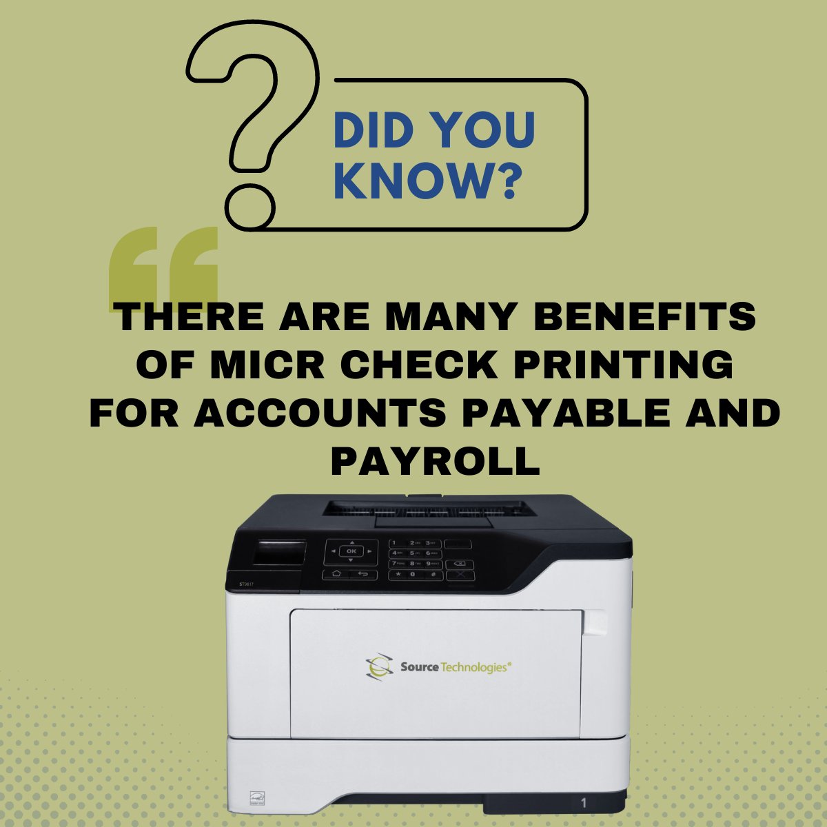 SourceTechnolo4's tweet image. Did you know there are many Benefits of secure MICR Check Printing for Accounts Payable and Payroll? If not, check out our blog Check Printing for Accounts Payable and Payroll, to learn more! hubs.ly/Q02hrJrX0 #SourceTechnologies #CheckPrinting #Payroll #AP