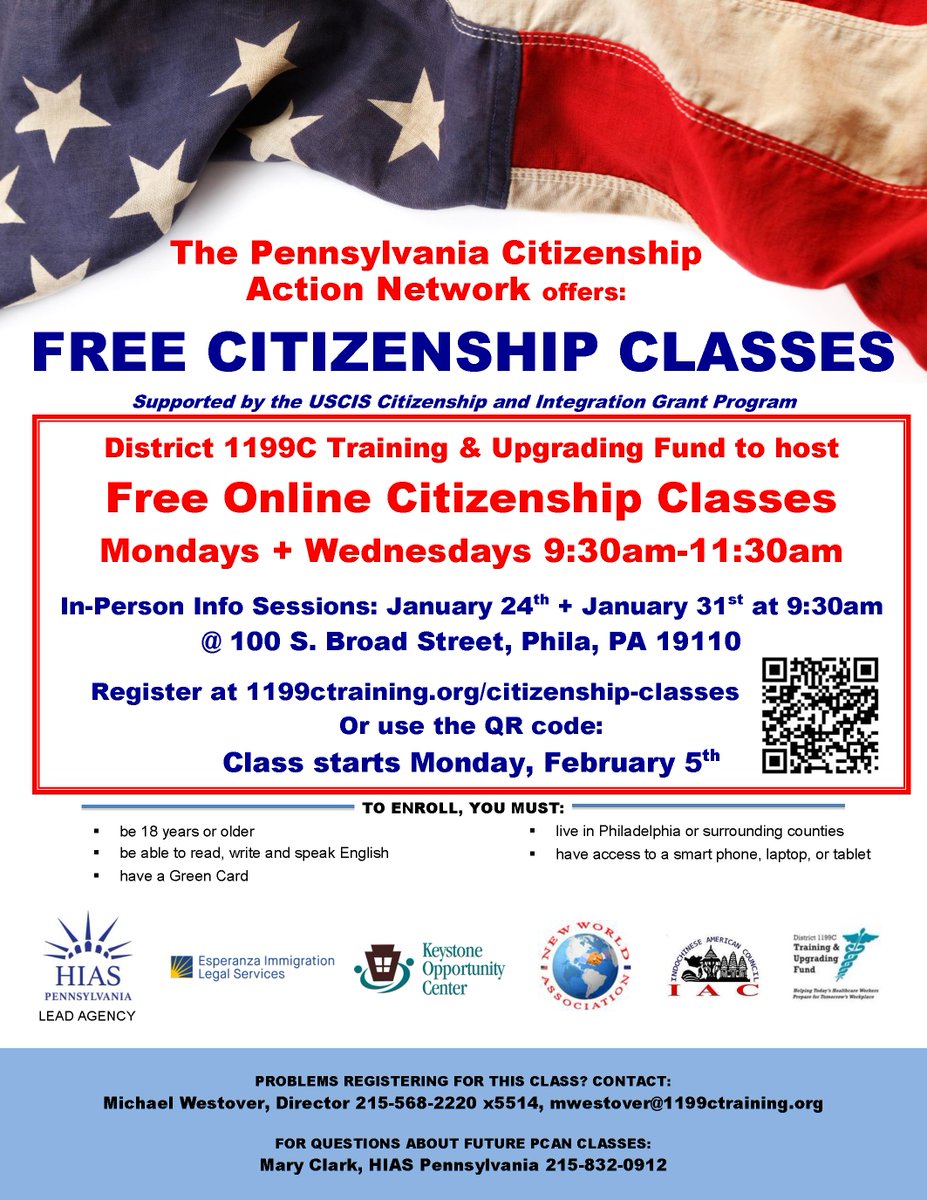 We are excited to announce the Pennsylvania Citizenship Action Network’s next round of citizenship classes! One will be held online starting 2/5, and the other will be held in-person starting 2/24. More details can be found on the flyers. Questions? Email mclark@hiaspa.org.