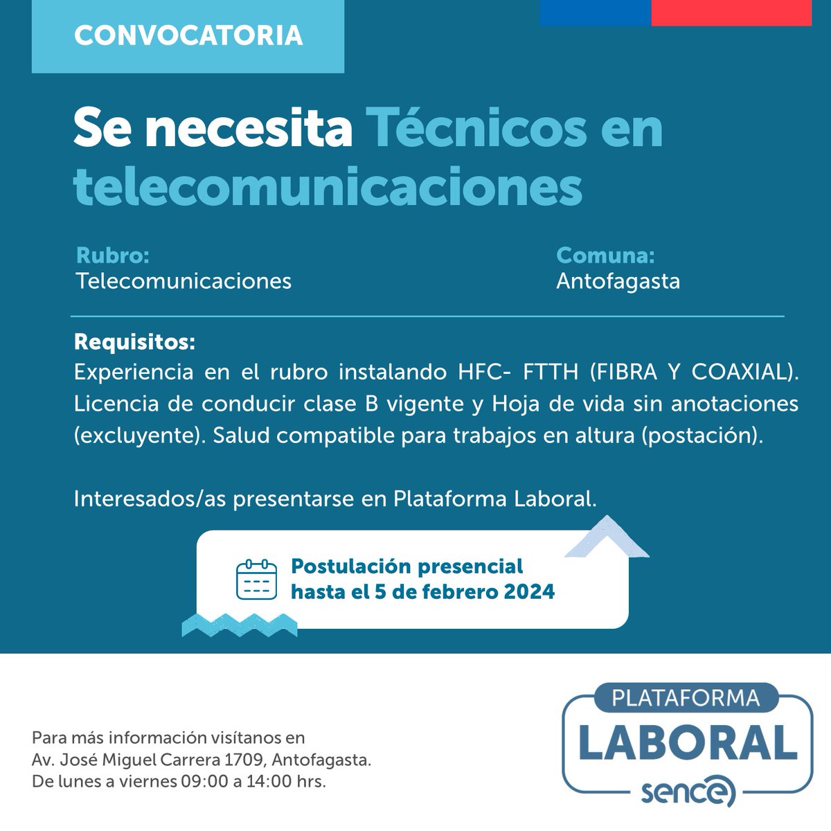 #HayPega 🧐
A través de la Plataforma Laboral tenemos vacantes disponibles en distintos rubros.

Las personas interesadas deben presentarse con su CV actualizado, en Avenida José Miguel Carrera 1709 primer piso, Antofagasta, de lunes a viernes de 09.00 a 14.00 hrs.